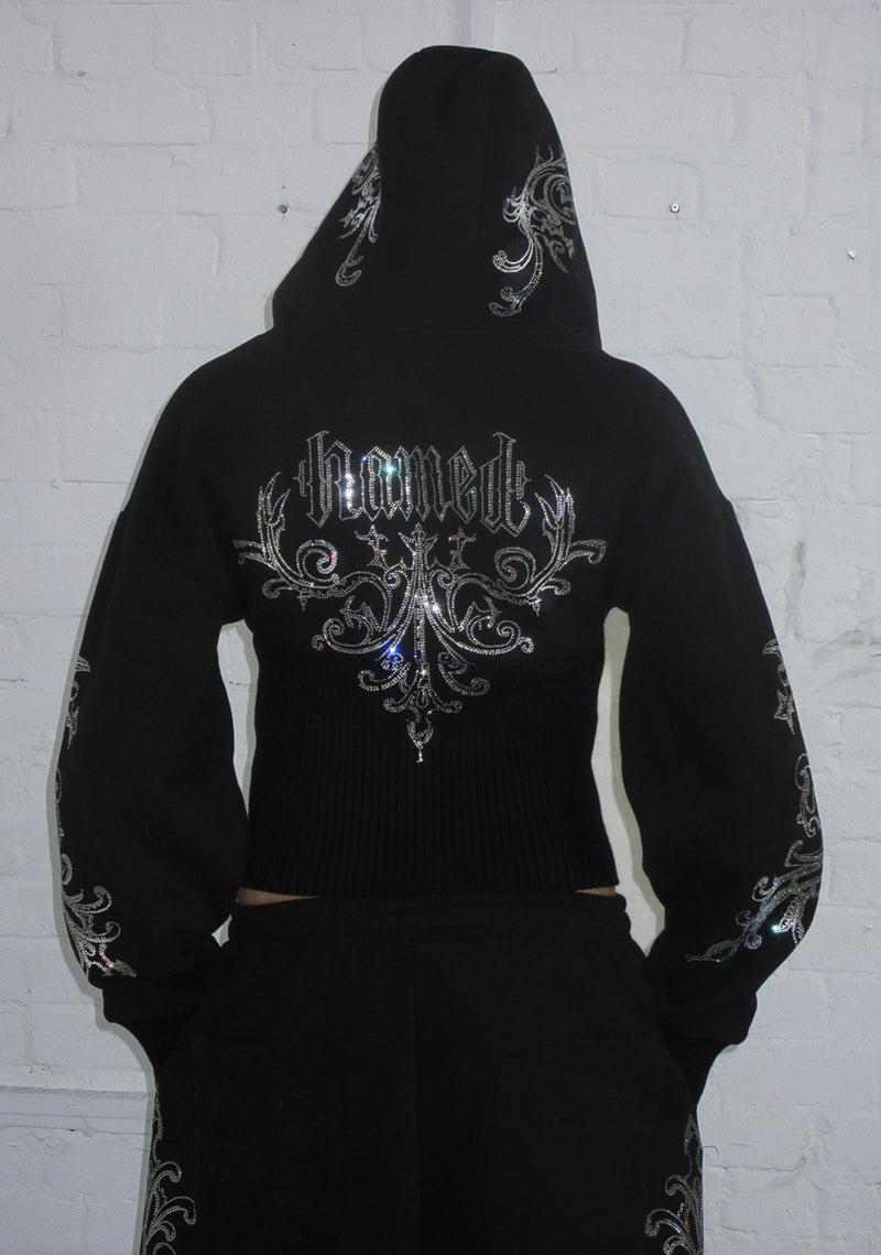 NOCTURNAL RHINESTONE FITTED WAIST ZIP HOODIE BLACK