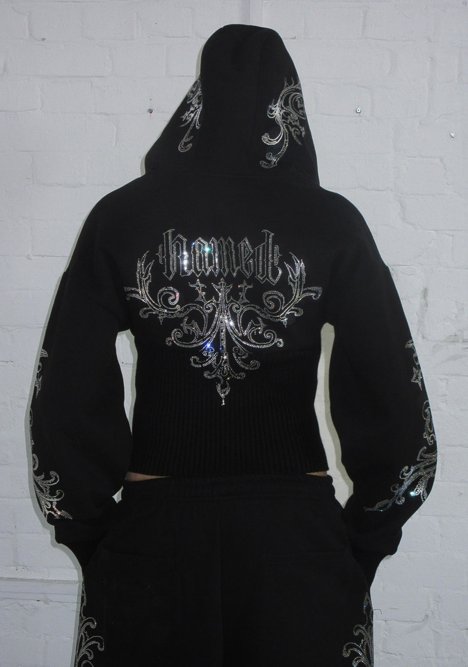 NOCTURNAL RHINESTONE FITTED WAIST ZIP HOODIE BLACK