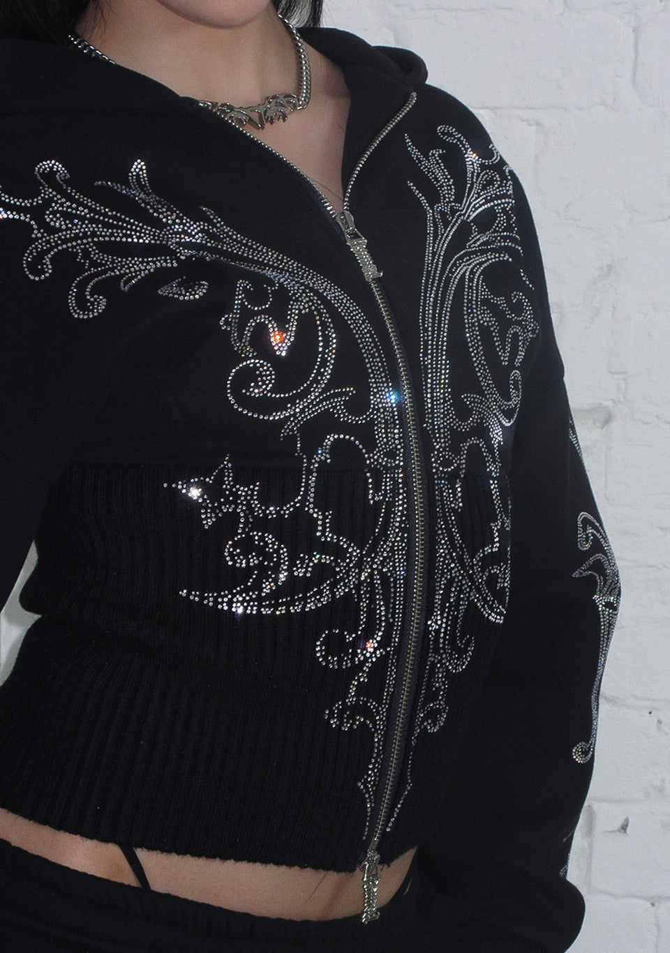 NOCTURNAL RHINESTONE FITTED WAIST ZIP HOODIE BLACK