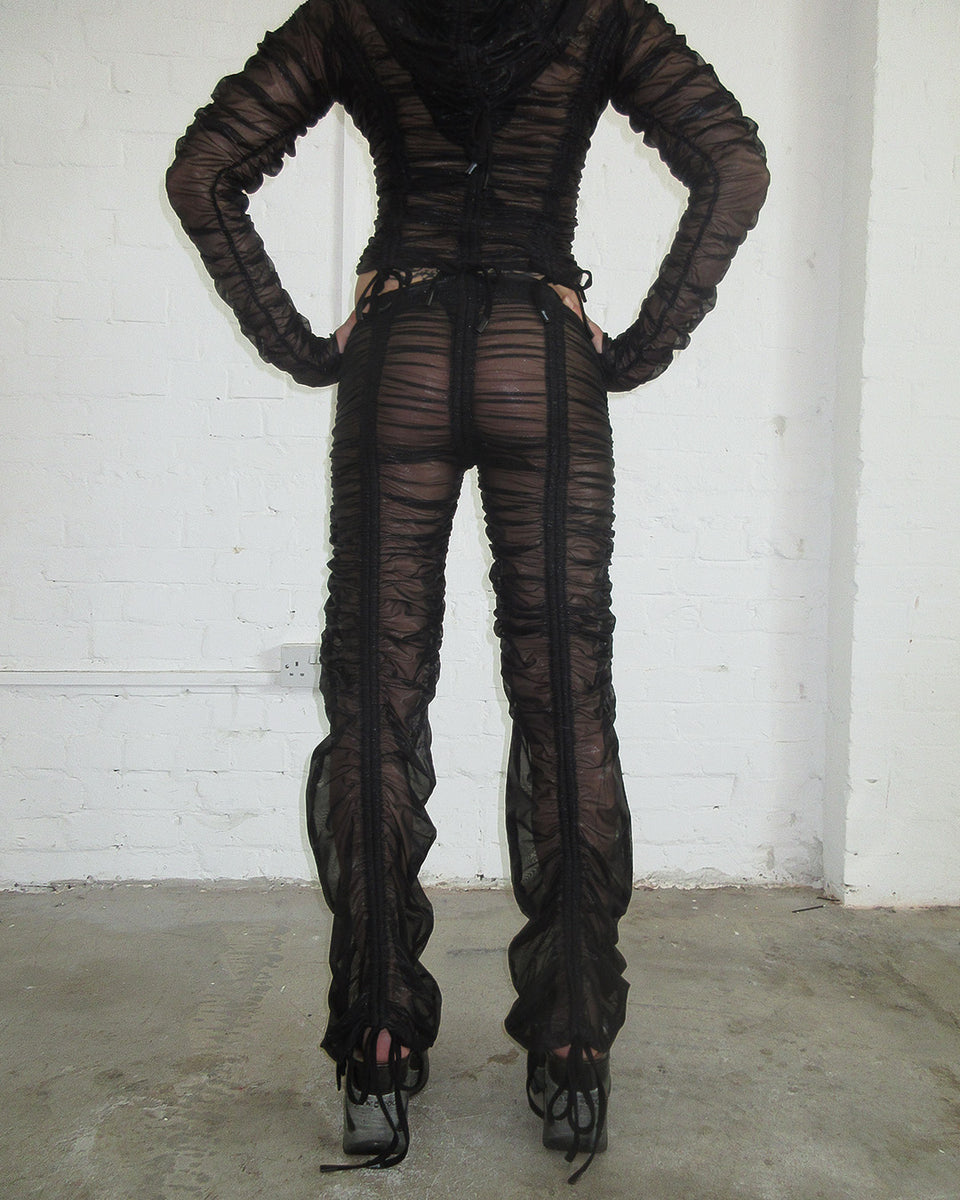 NOCTURNAL SHEER RUCHED SCULPT STRETCH PANTS BLACK (ADJUSTABLE CORDS)