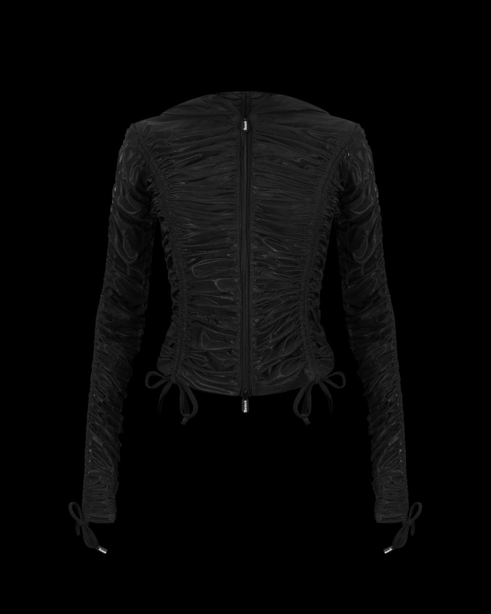 NOCTURNAL SHEER RUCHED SCULPT STRETCH ZIP HOODIE BLACK (ADJUSTABLE CORDS)