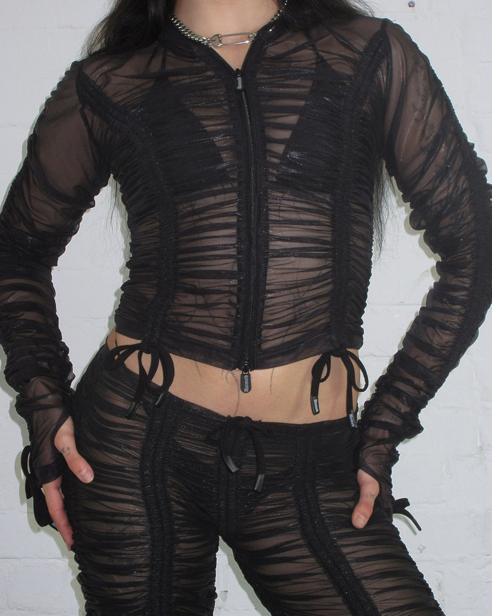 NOCTURNAL SHEER RUCHED SCULPT STRETCH ZIP HOODIE BLACK (ADJUSTABLE CORDS)