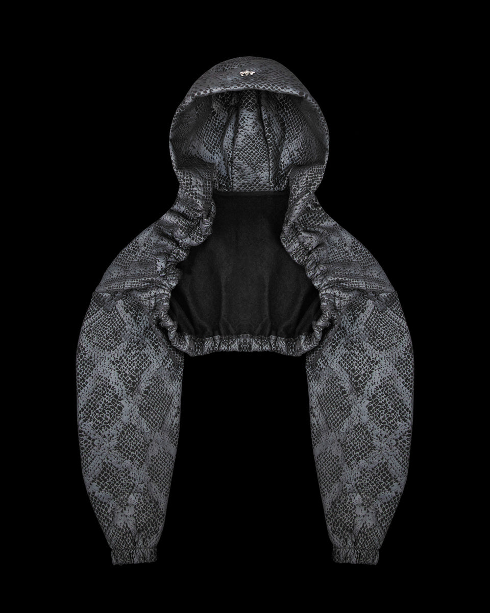 NOCTURNAL SNAKESKIN TEXTURED SUPER CROP HOODIE BLACK