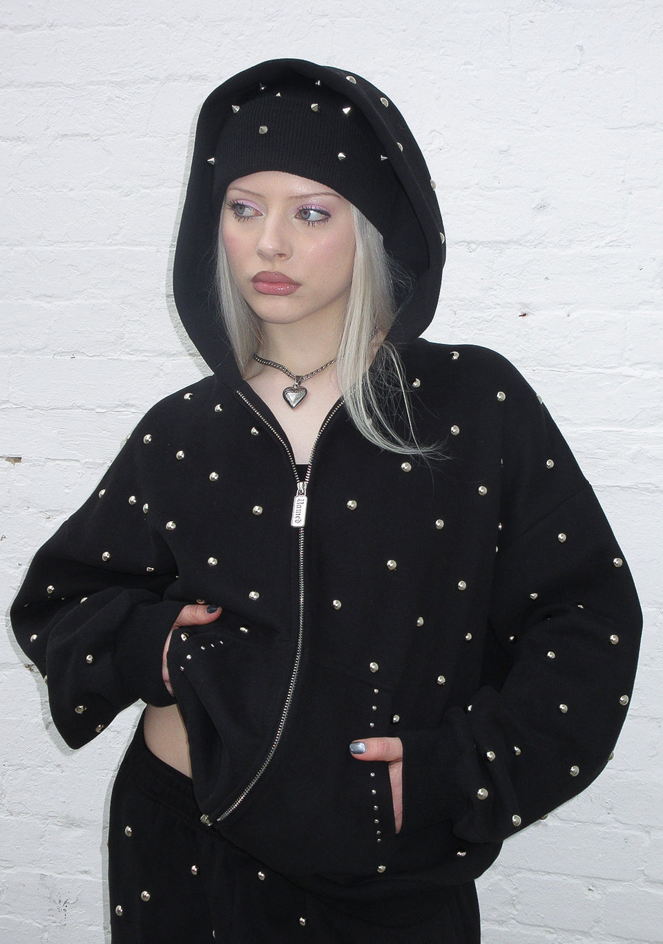 NOVA STUDDED POLKA DOT ZIP HOODIE BLACK