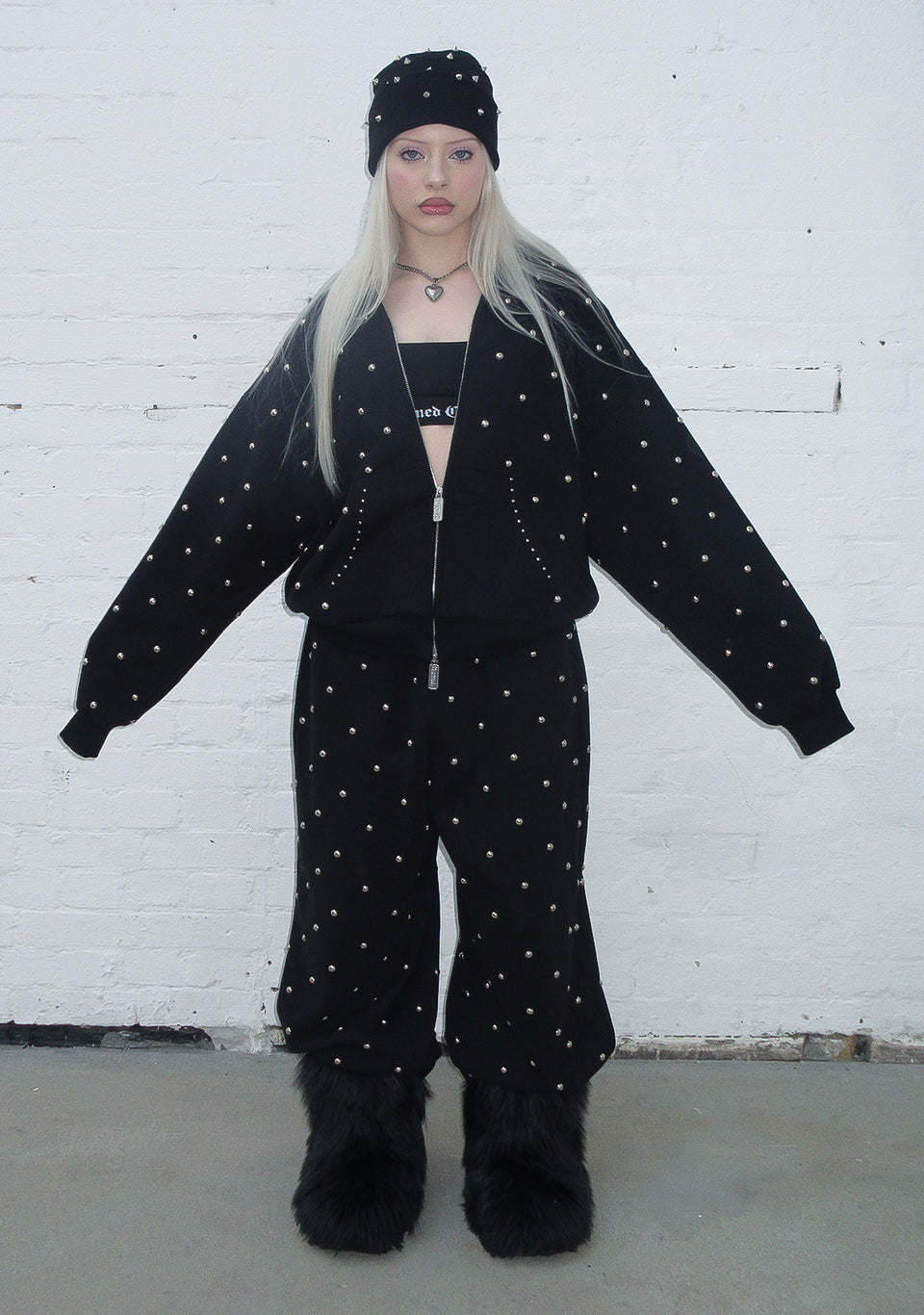 NOVA STUDDED POLKA DOT ZIP HOODIE BLACK