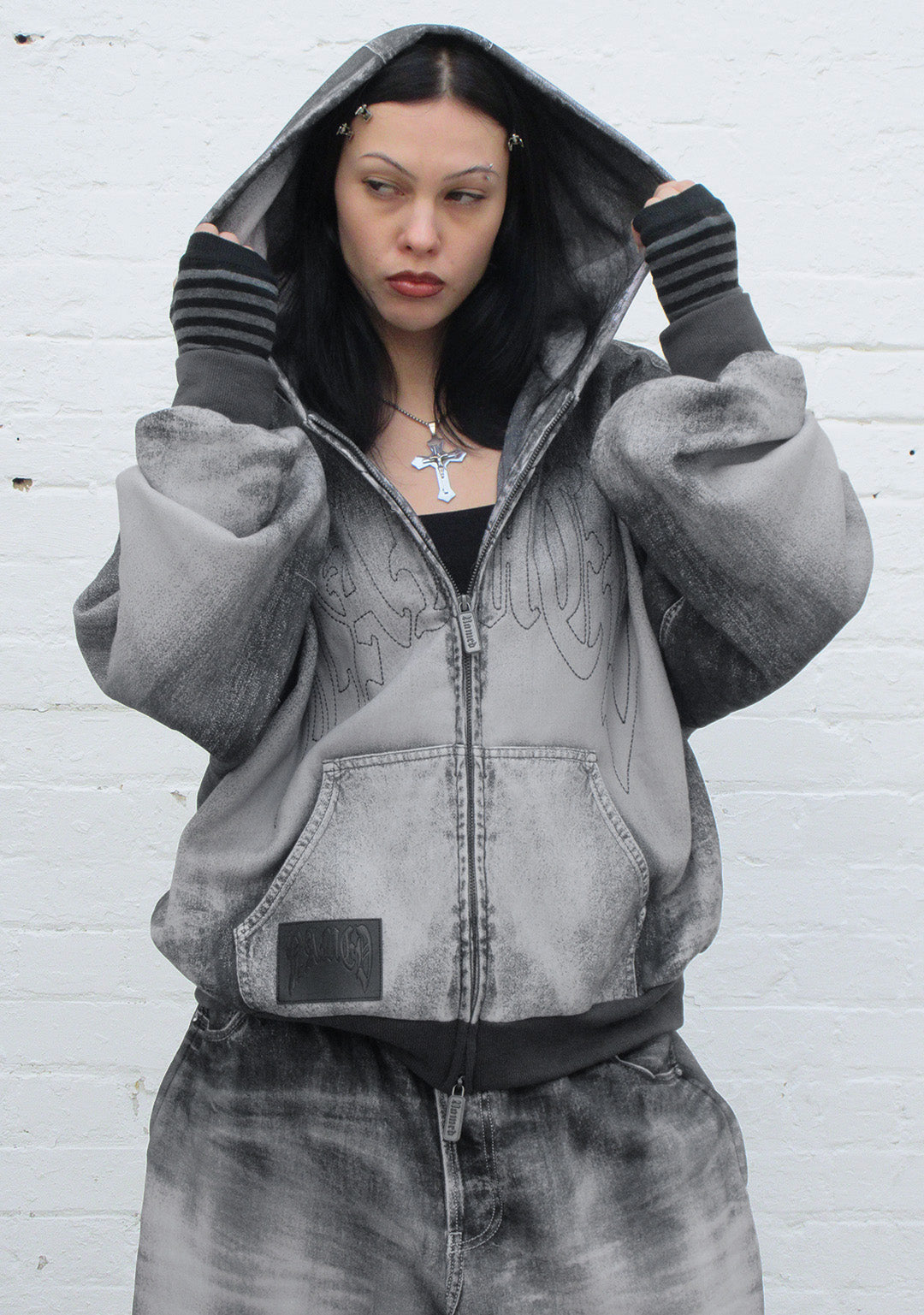 OFF GRID DENIM EFFECT ZIP HOODIE WASHED BLACK