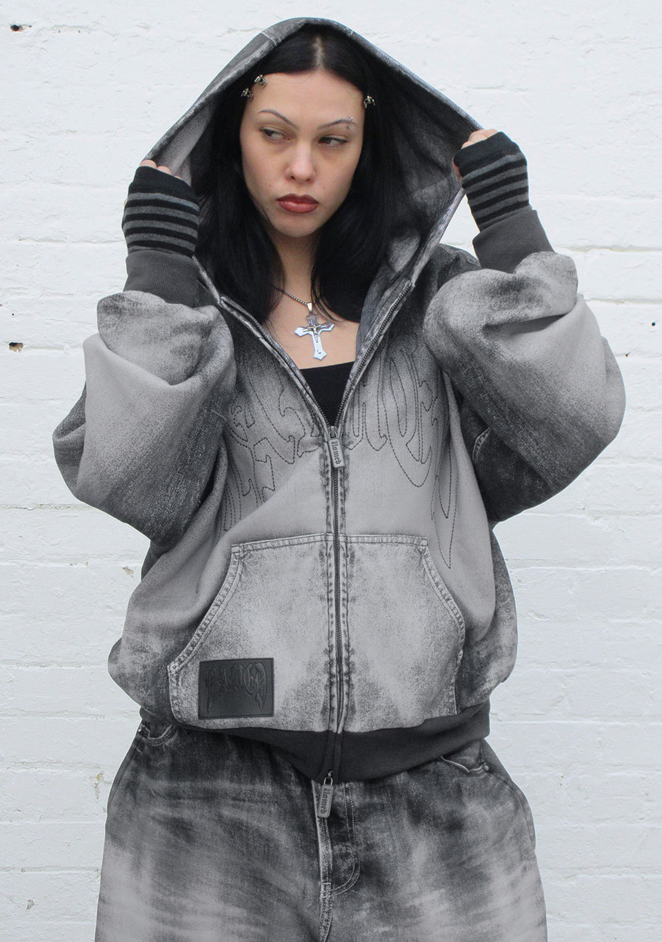 OFF GRID DENIM EFFECT ZIP HOODIE WASHED BLACK