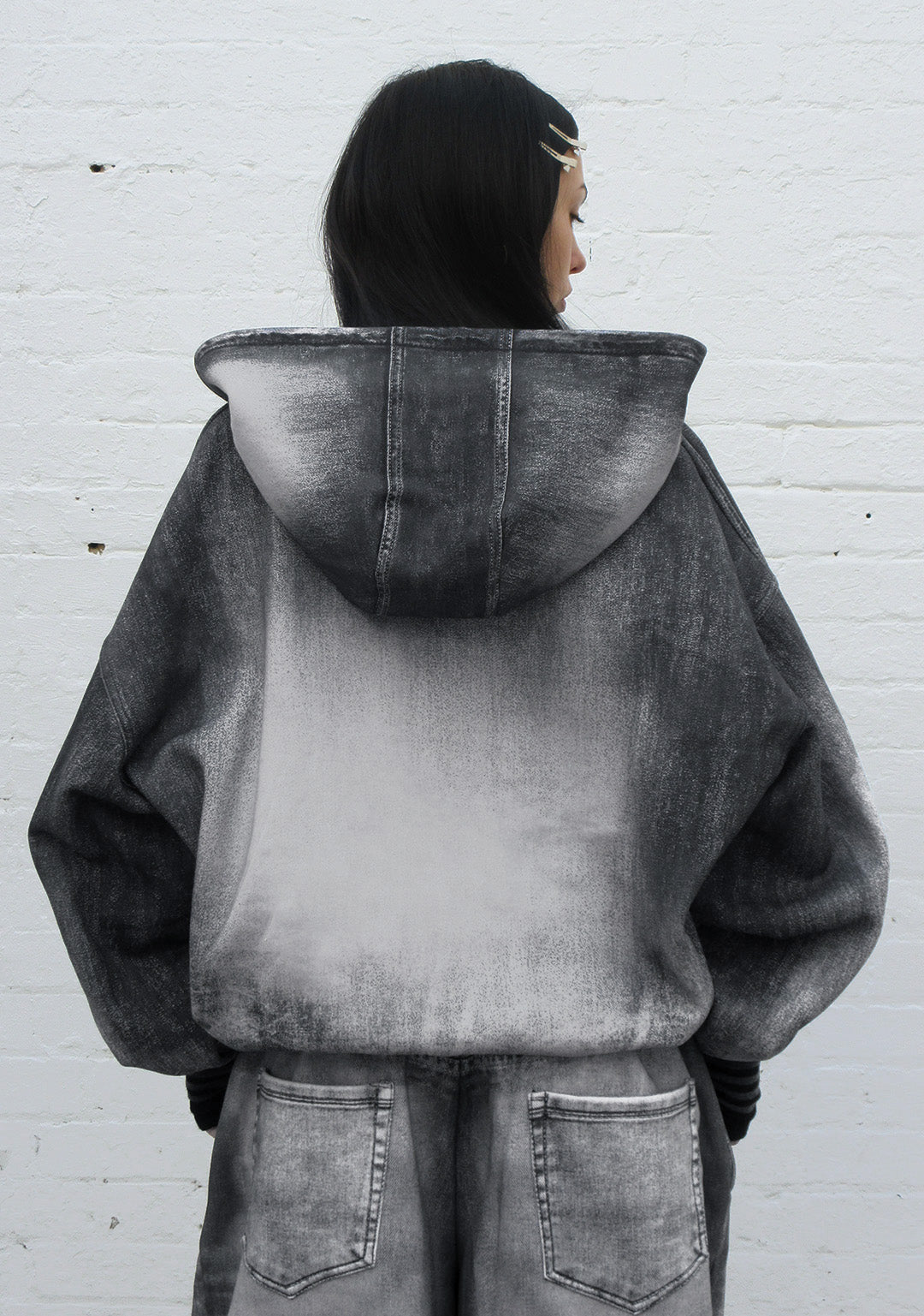 OFF GRID DENIM EFFECT ZIP HOODIE WASHED BLACK