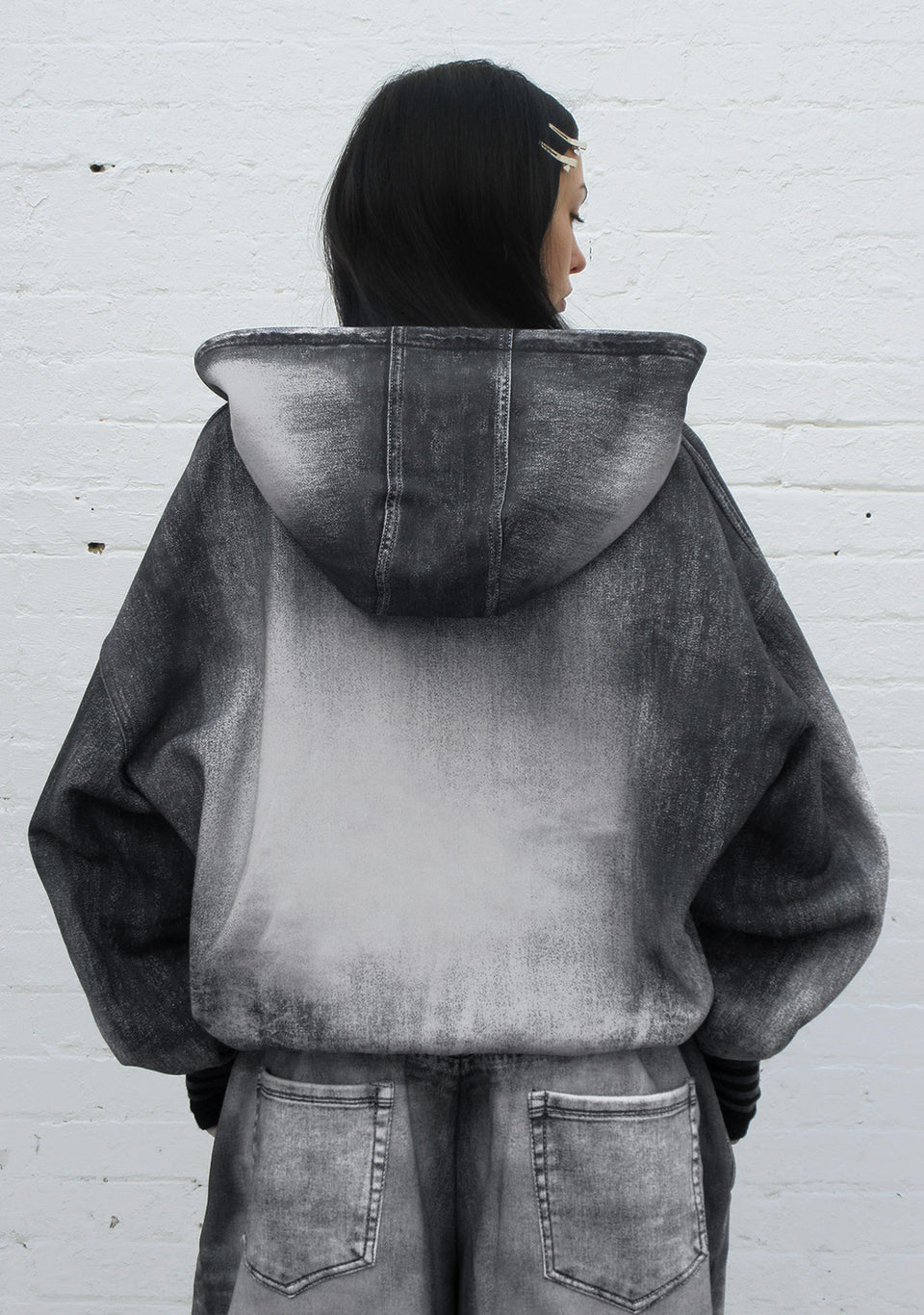 OFF GRID DENIM EFFECT ZIP HOODIE WASHED BLACK