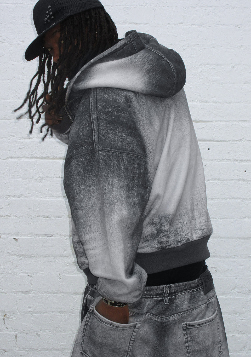 OFF GRID DENIM EFFECT ZIP HOODIE WASHED BLACK