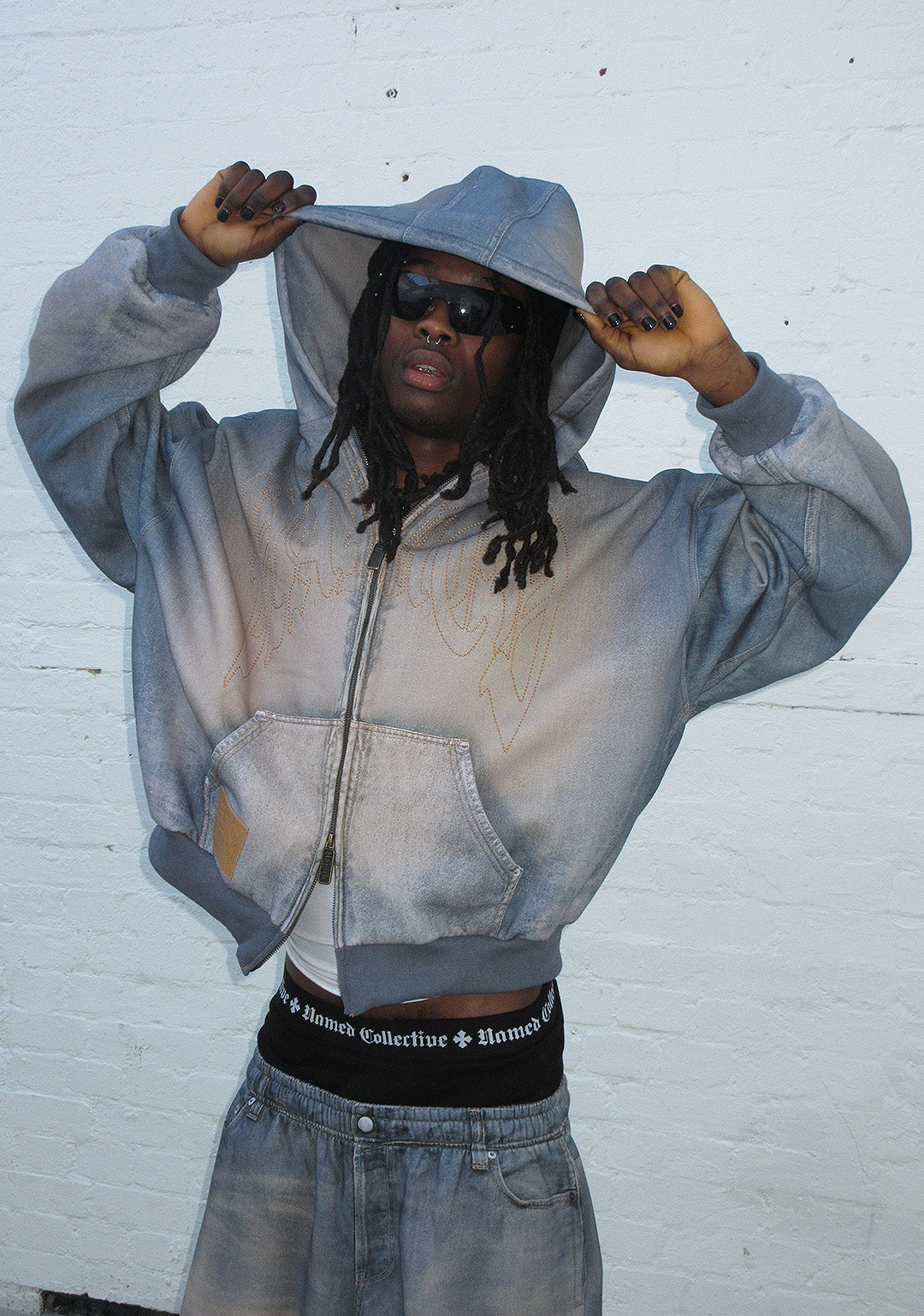 OFF GRID DENIM EFFECT ZIP HOODIE WASHED BLUE