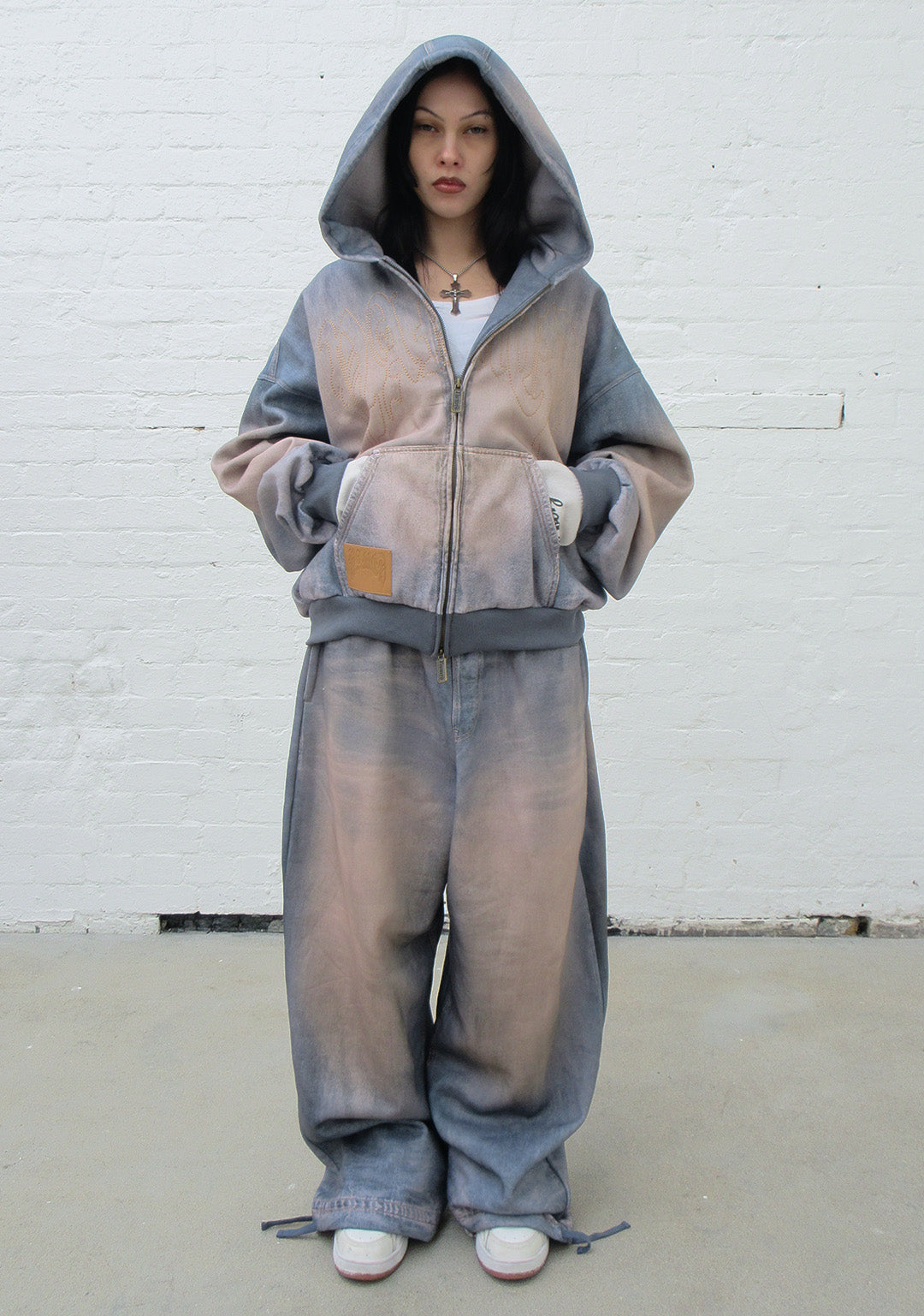 OFF GRID DENIM EFFECT ZIP HOODIE WASHED BLUE