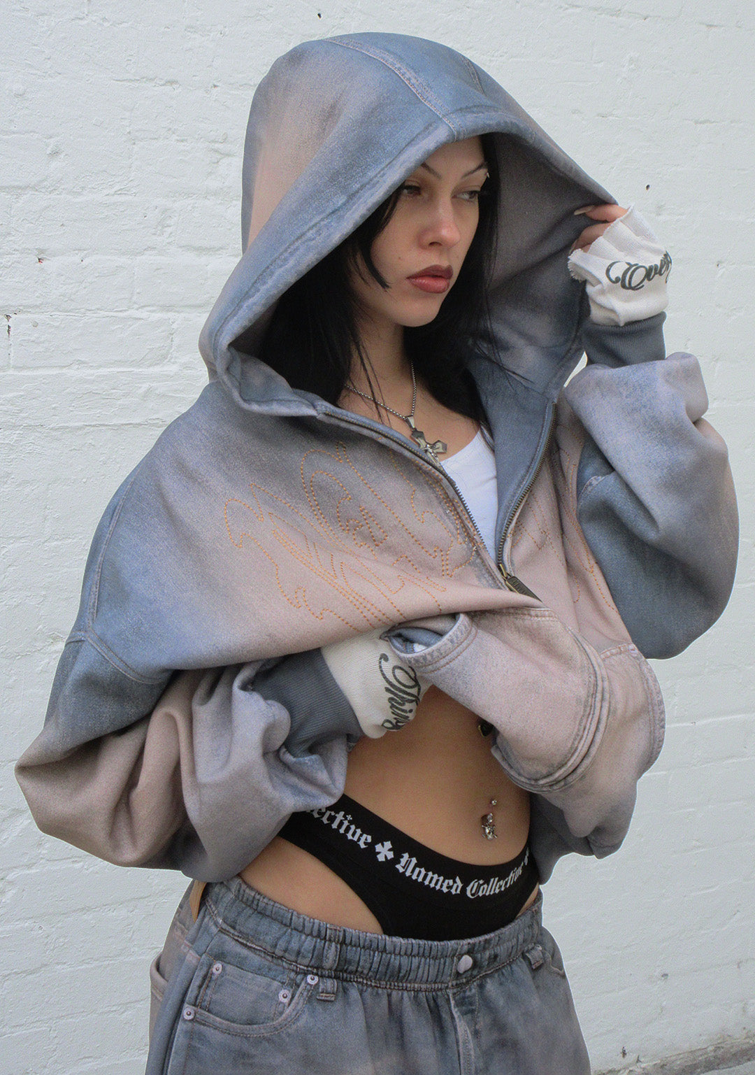 OFF GRID DENIM EFFECT ZIP HOODIE WASHED BLUE