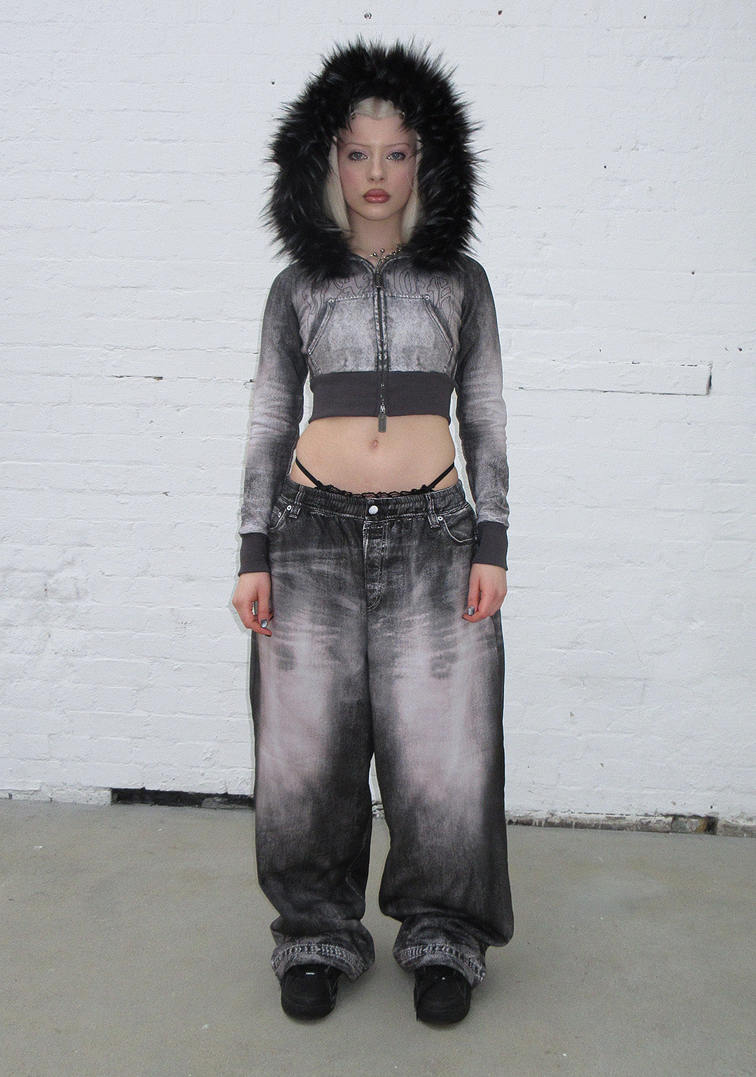 OFF GRID FAUX FUR DENIM EFFECT FITTED ZIP HOODIE WASHED BLACK (DETACHABLE FUR)