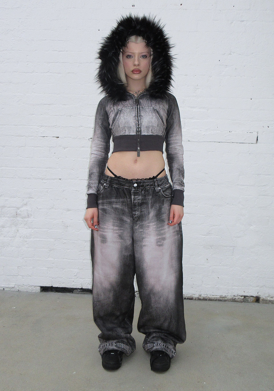 OFF GRID FAUX FUR DENIM EFFECT FITTED ZIP HOODIE WASHED BLACK (DETACHABLE FUR)