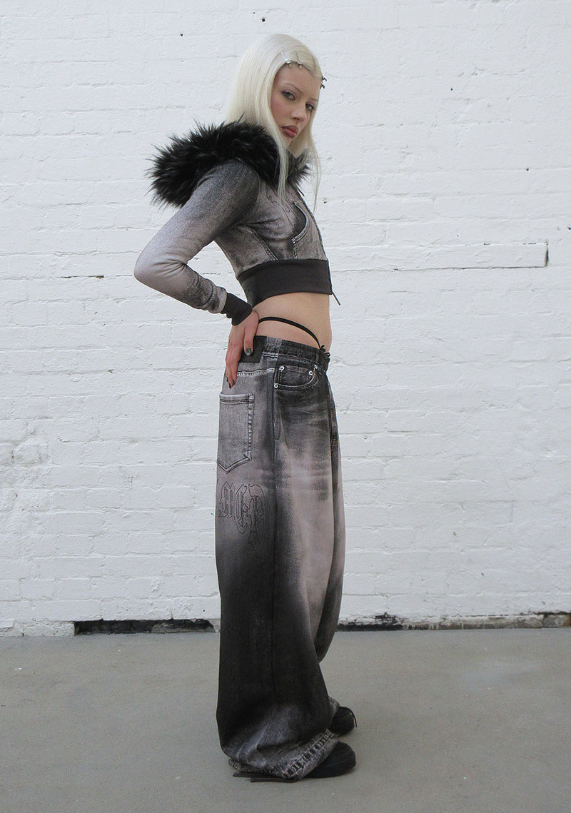 OFF GRID FAUX FUR DENIM EFFECT FITTED ZIP HOODIE WASHED BLACK (DETACHABLE FUR)