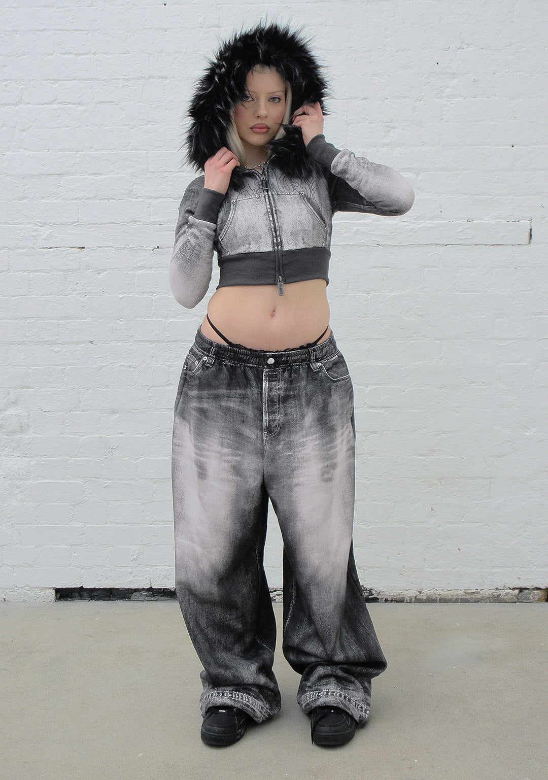 OFF GRID FAUX FUR DENIM EFFECT FITTED ZIP HOODIE WASHED BLACK (DETACHABLE FUR)