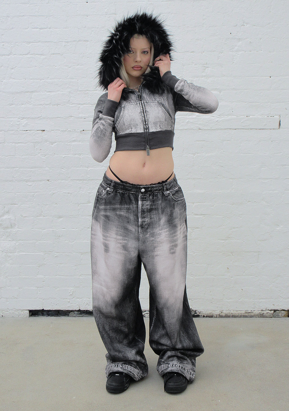 OFF GRID FAUX FUR DENIM EFFECT FITTED ZIP HOODIE WASHED BLACK (DETACHABLE FUR)