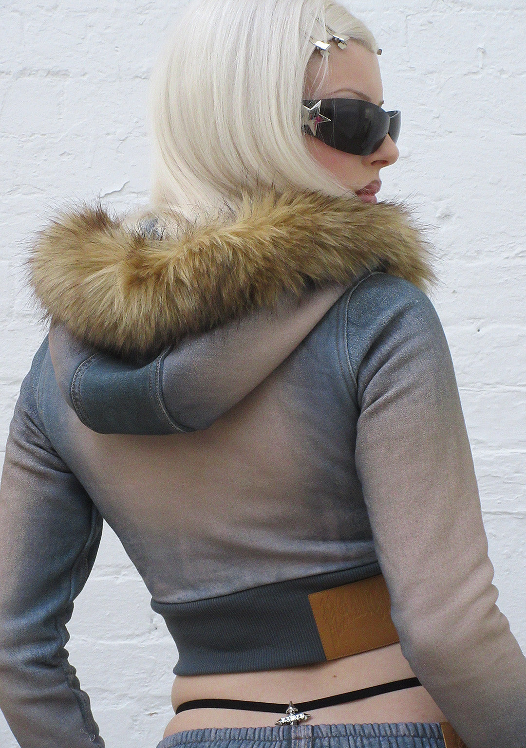 OFF GRID FAUX FUR DENIM EFFECT FITTED ZIP HOODIE WASHED BLUE (DETACHABLE FUR)