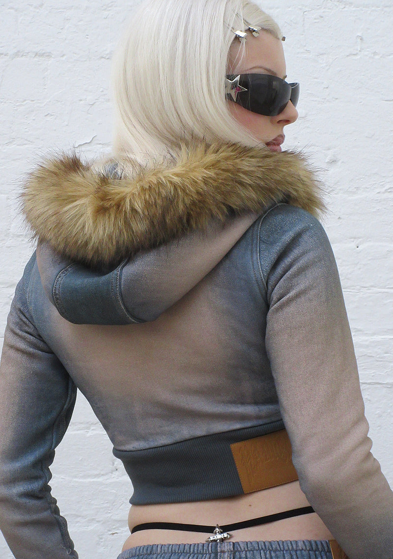 OFF GRID FAUX FUR DENIM EFFECT FITTED ZIP HOODIE WASHED BLUE (DETACHABLE FUR)