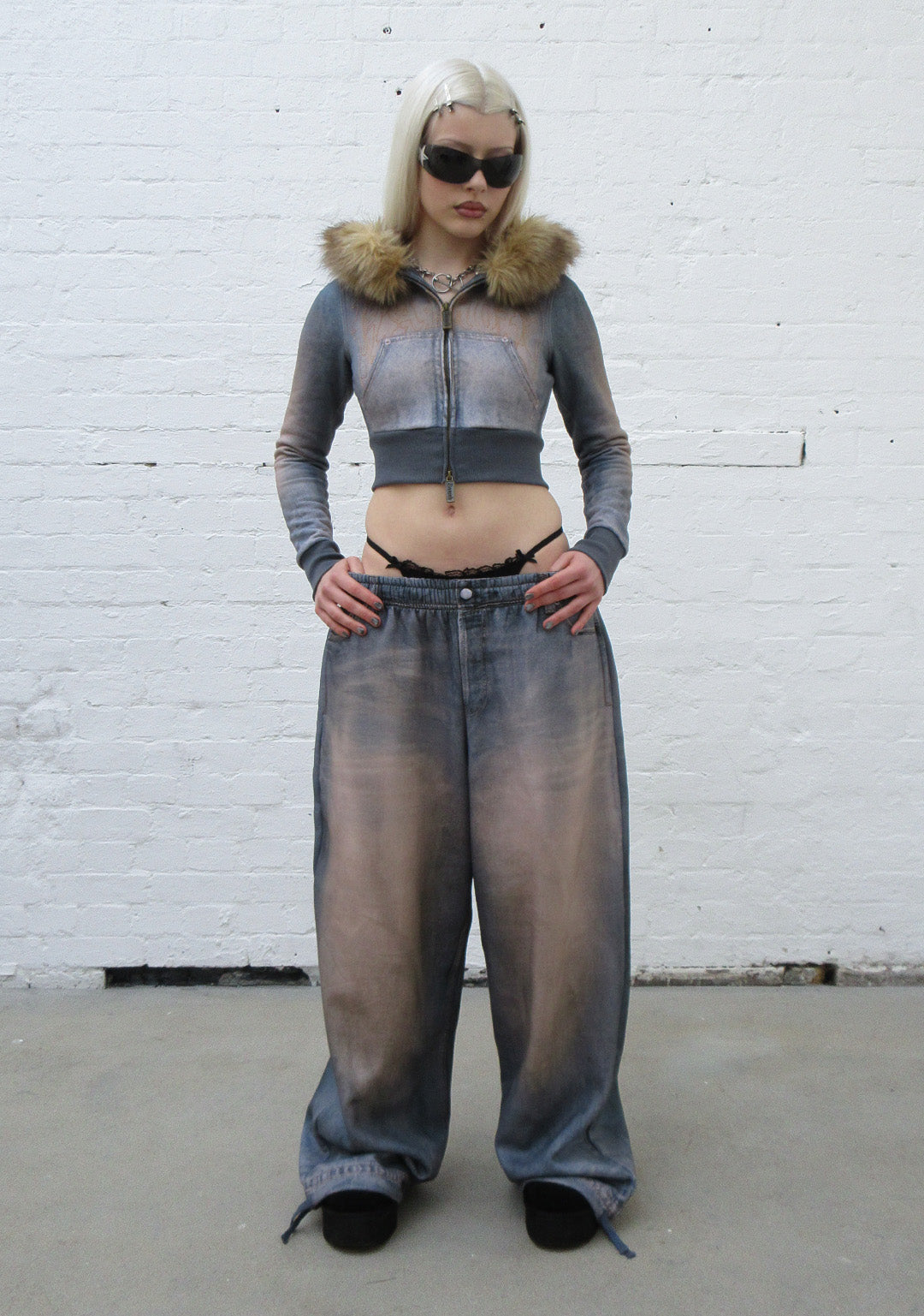 OFF GRID FAUX FUR DENIM EFFECT FITTED ZIP HOODIE WASHED BLUE (DETACHABLE FUR)