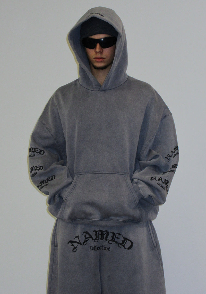 OLD ENGLISH PULLOVER HOODIE WASHED VINTAGE GREY