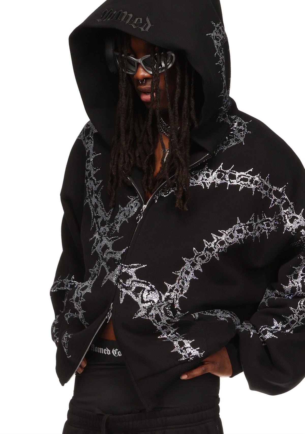 OMEN RHINESTONE ZIP HOODIE BLACK