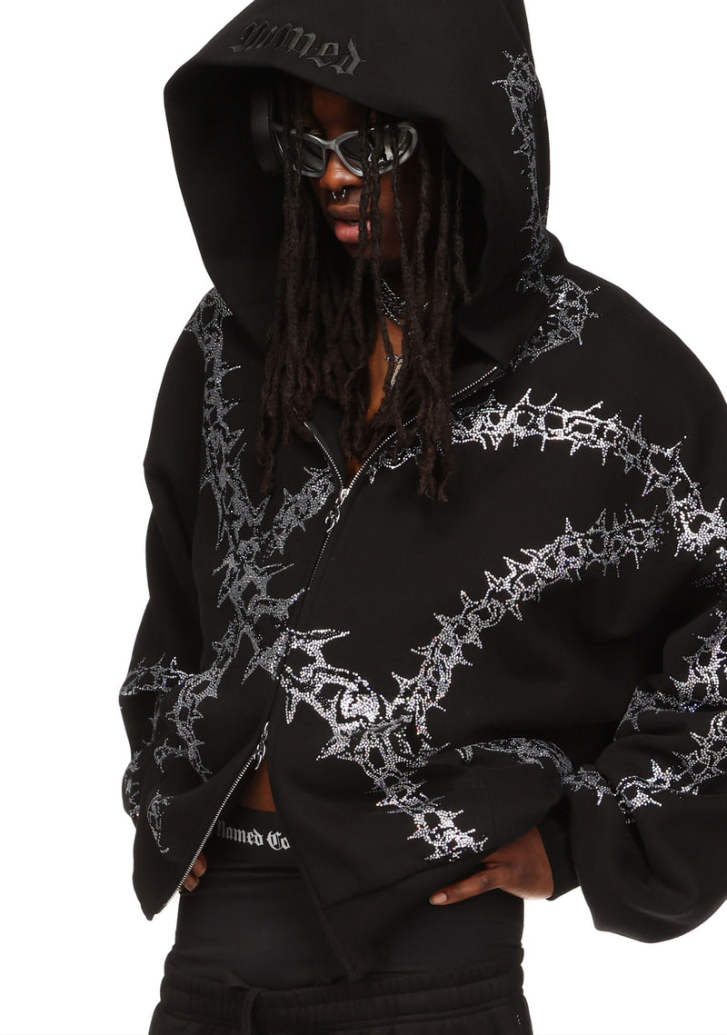 OMEN RHINESTONE ZIP HOODIE BLACK