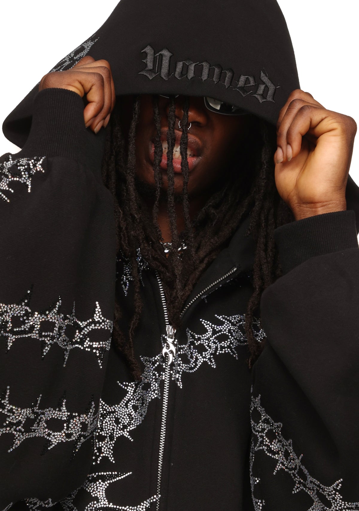OMEN RHINESTONE ZIP HOODIE BLACK