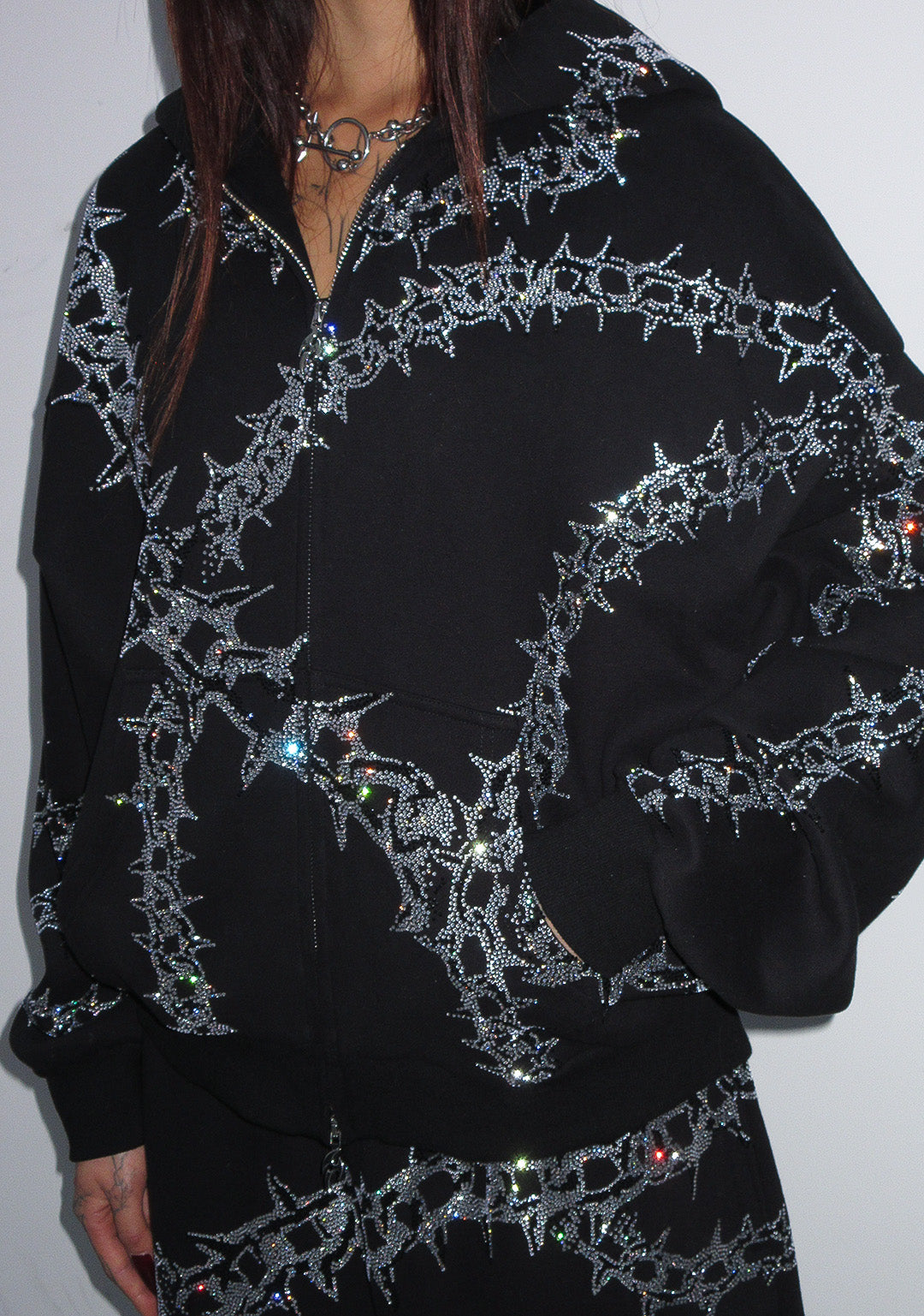 OMEN RHINESTONE ZIP HOODIE BLACK