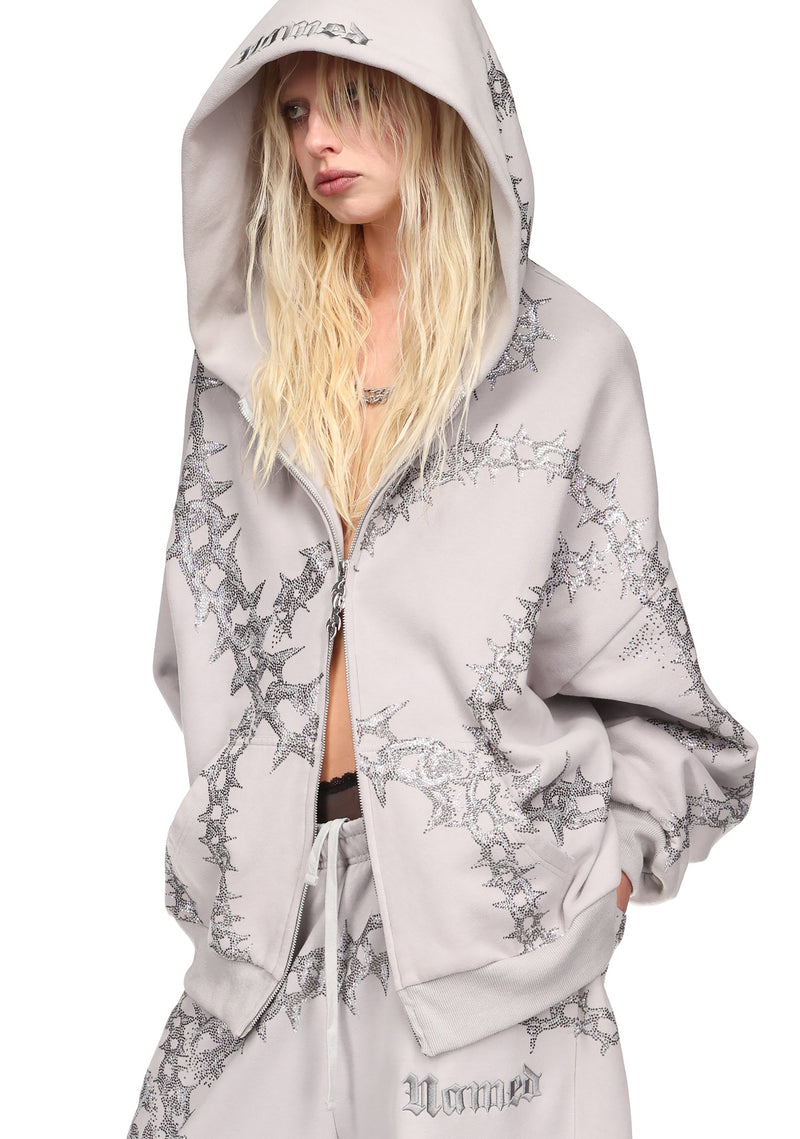 OMEN RHINESTONE ZIP HOODIE SMOKE GREY