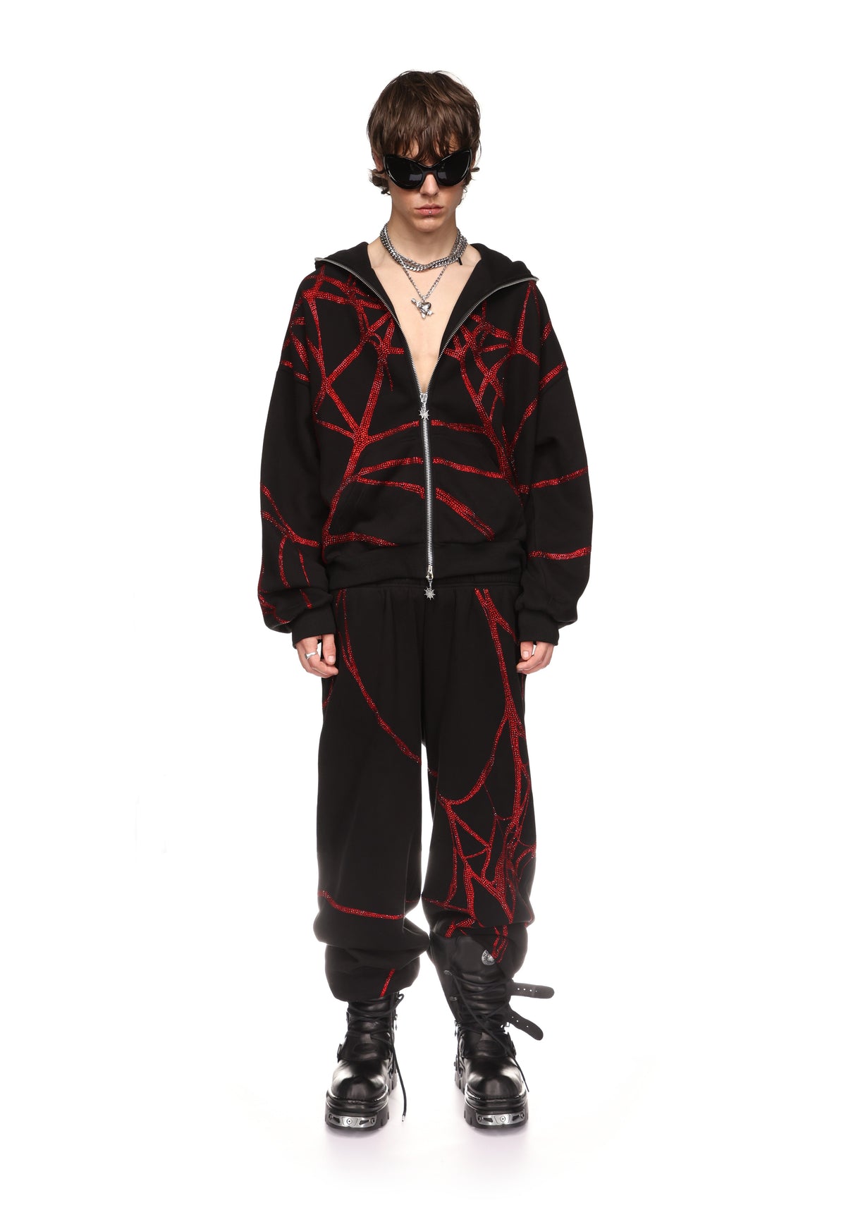 POISON RHINESTONE SWEATPANTS BLACK AND RED