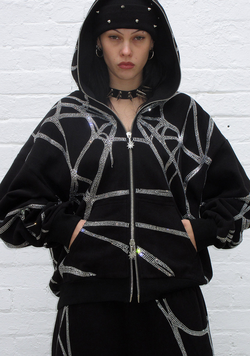 POISON RHINESTONE ZIP HOODIE BLACK