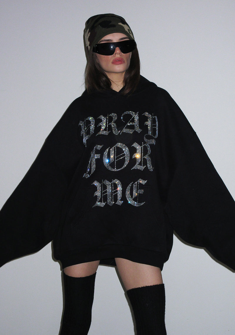 PRAY FOR ME RHINESTONE PULLOVER HOODIE BLACK