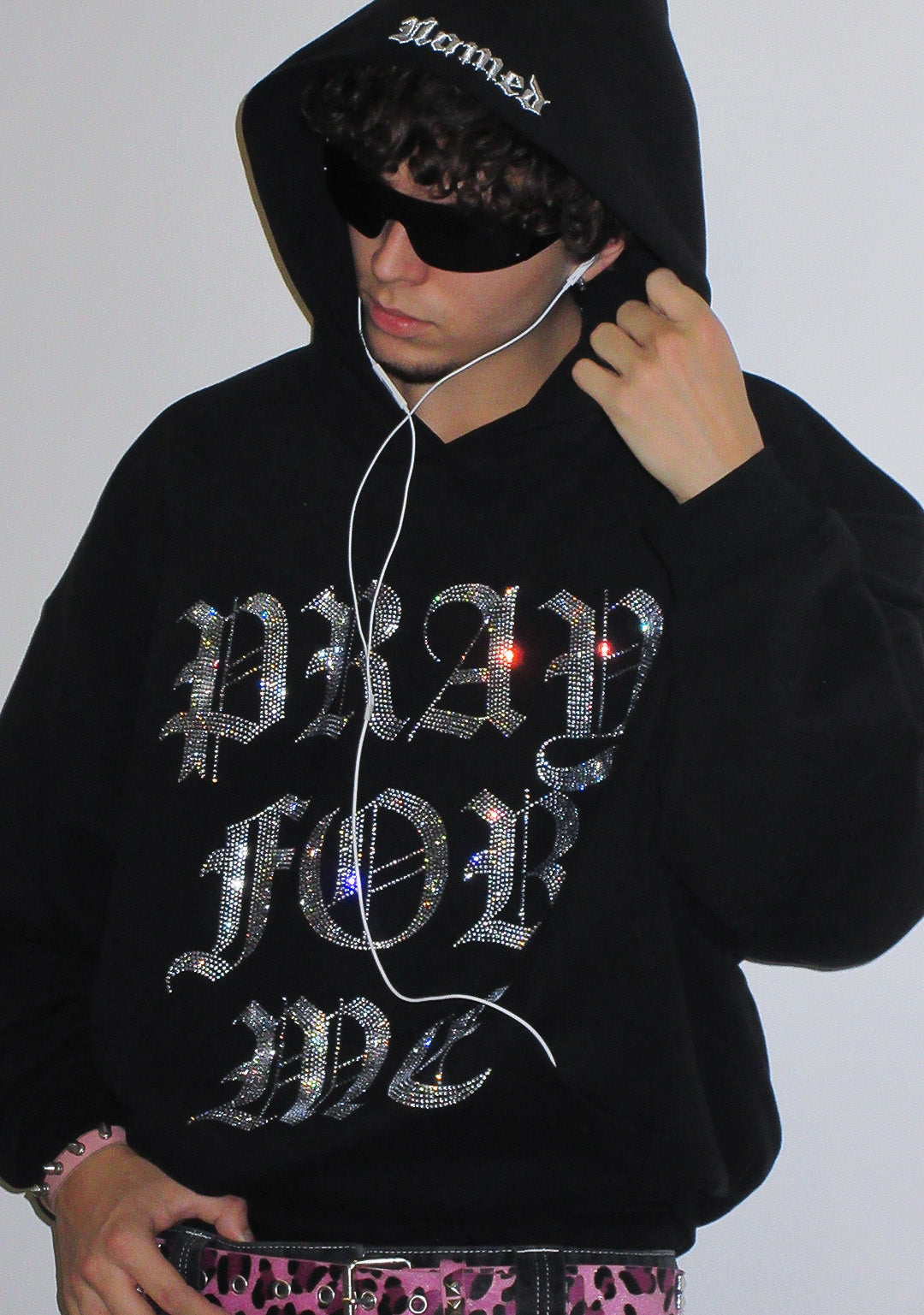 PRAY FOR ME RHINESTONE PULLOVER HOODIE BLACK