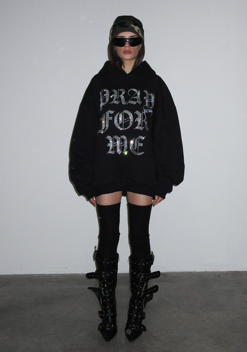 PRAY FOR ME RHINESTONE PULLOVER HOODIE BLACK