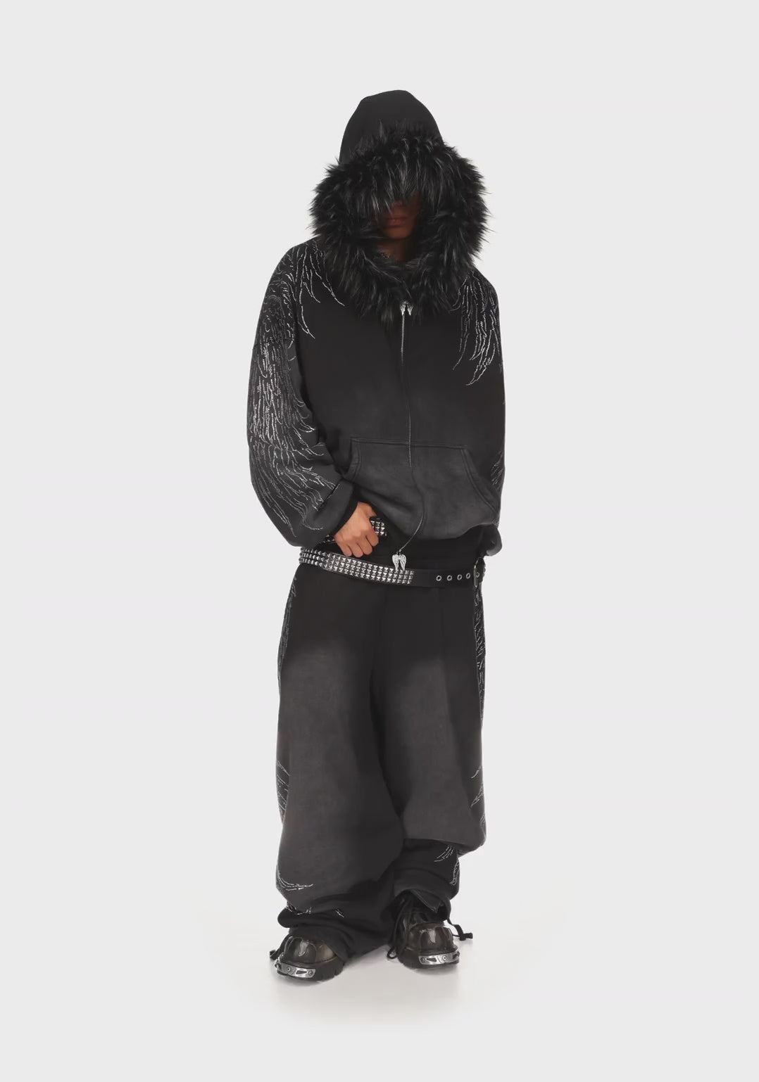Fallen Faux Fur Rhinestone Zip Hoodie Washed Black Detachable Fur