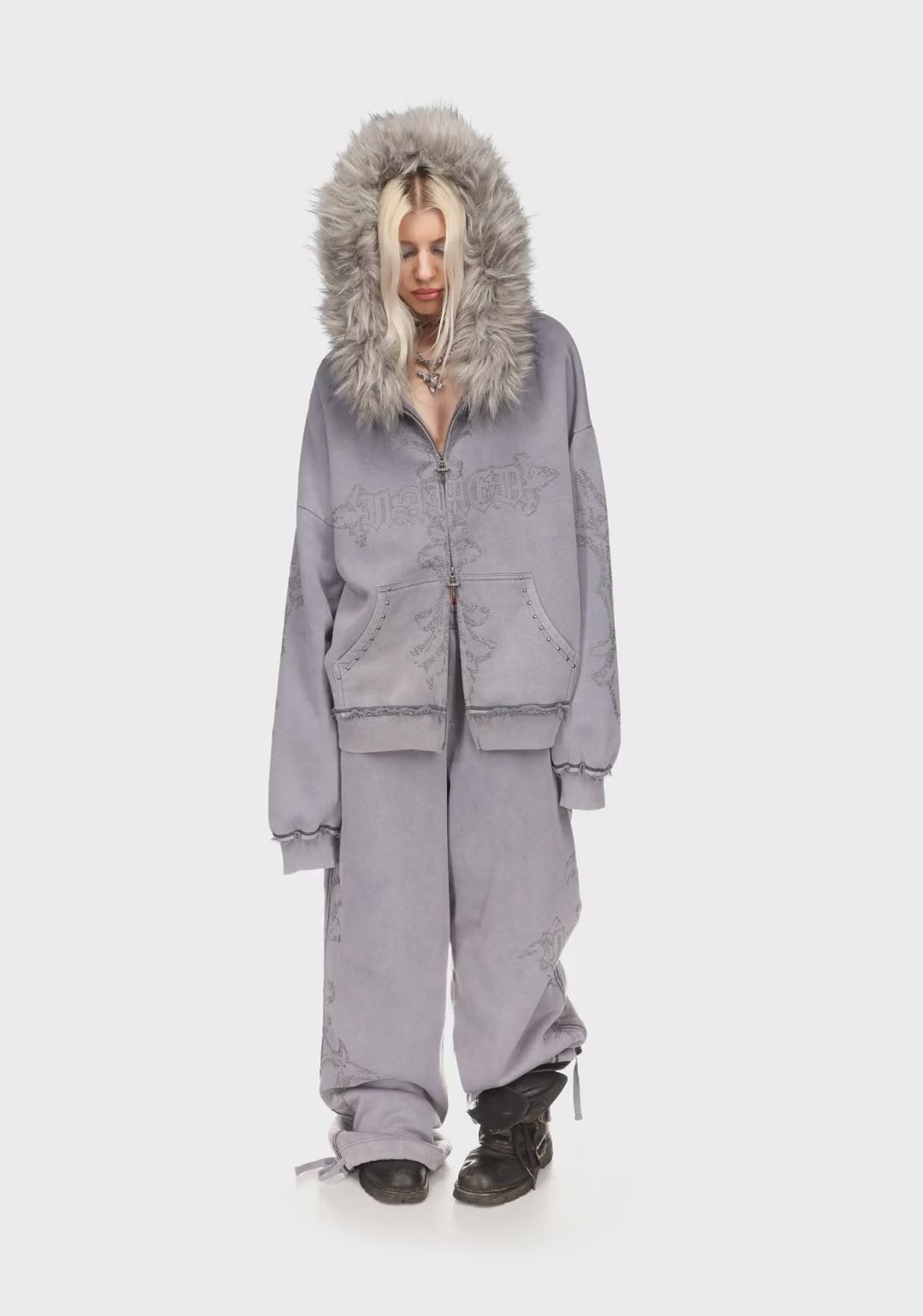 Feral Faux Fur Studded Zip Hoodie Washed Grey Detachable Fur