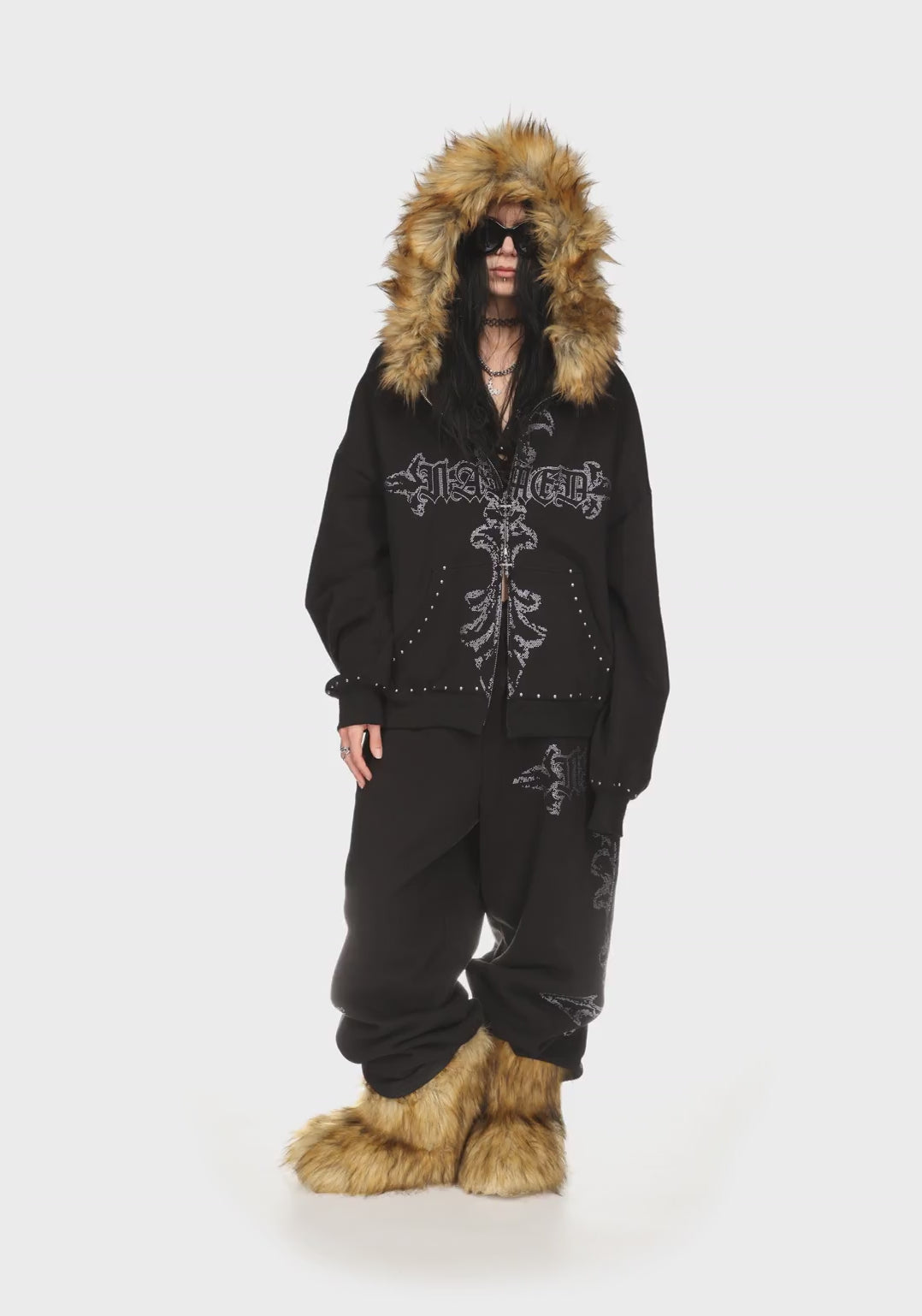 Feral Faux Fur Studded Zip Hoodie Black Detachable Fur – NAMED