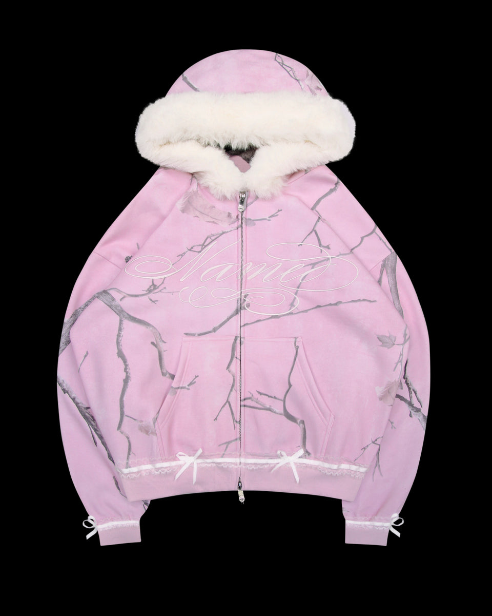 PREY FAUX FUR ZIP HOODIE PINK CAMO