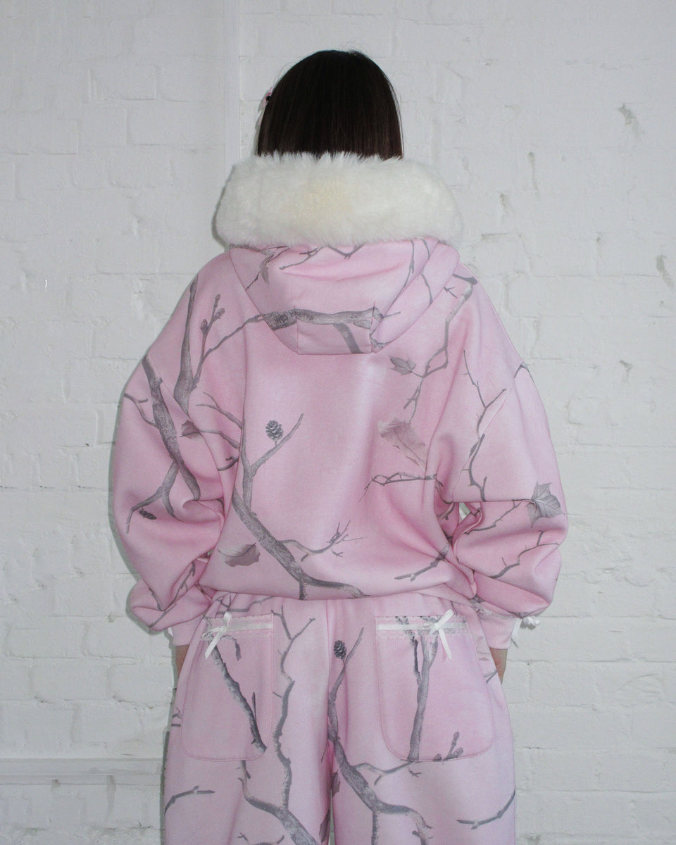 PREY FAUX FUR ZIP HOODIE PINK CAMO