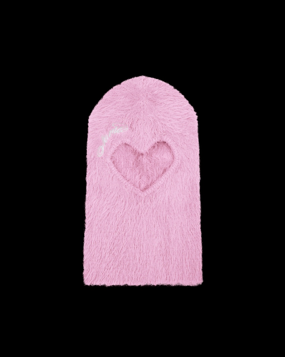 PREY FLUFFY KNIT HEART BALACLAVA BABY PINK