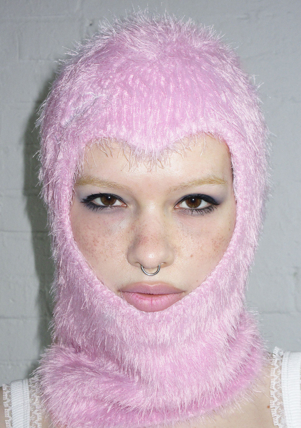 PREY FLUFFY KNIT HEART BALACLAVA BABY PINK
