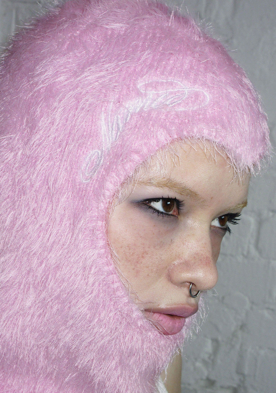PREY FLUFFY KNIT HEART BALACLAVA BABY PINK