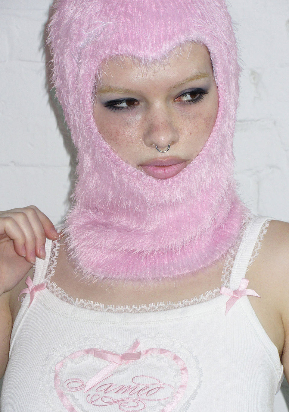 PREY FLUFFY KNIT HEART BALACLAVA BABY PINK