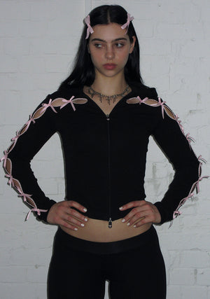 FREE SH!T: PRINC355 RIBBON SCULPT STRETCH ZIP HOODIE BLACK