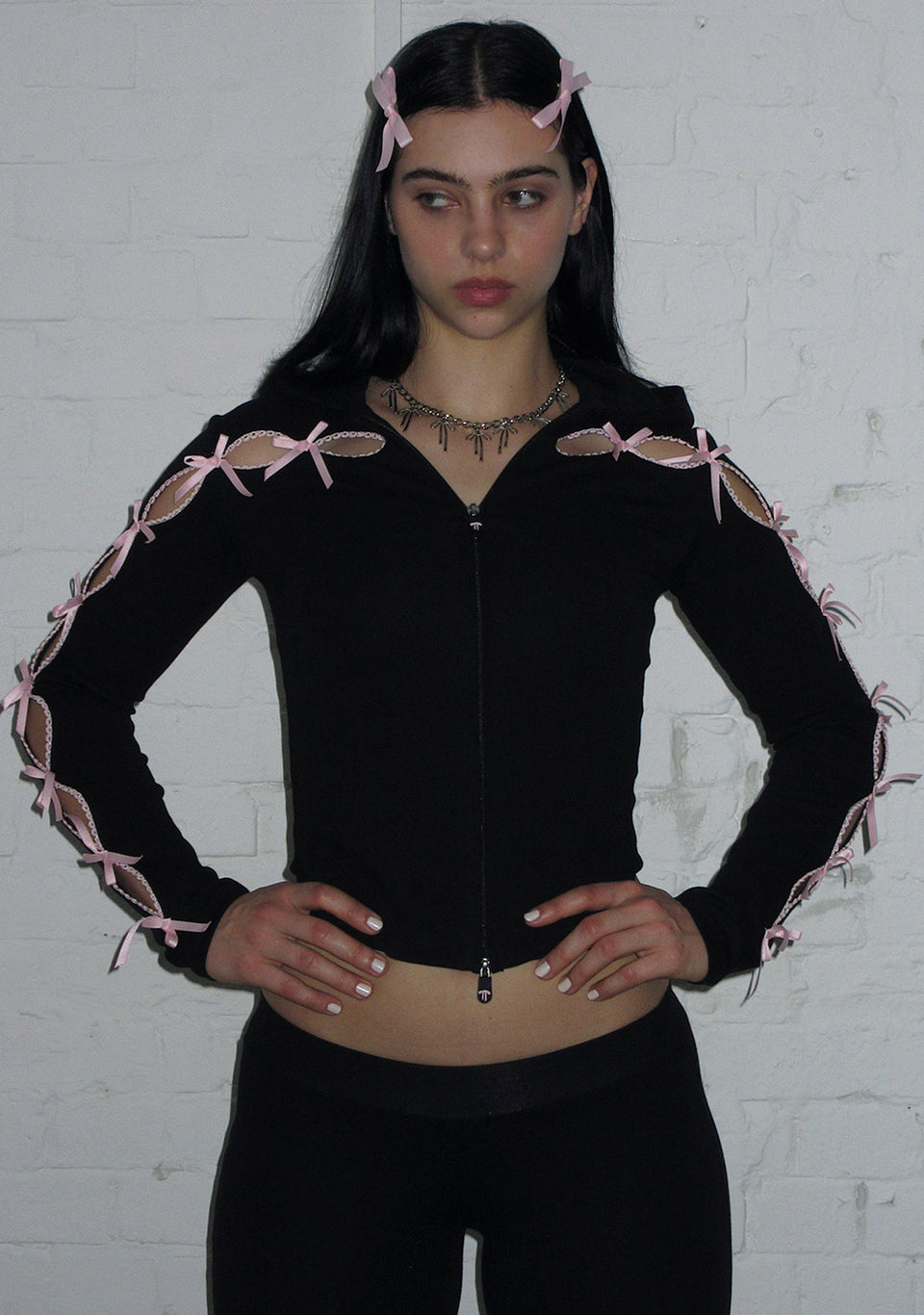 PRINC355 RIBBON SCULPT STRETCH ZIP HOODIE BLACK