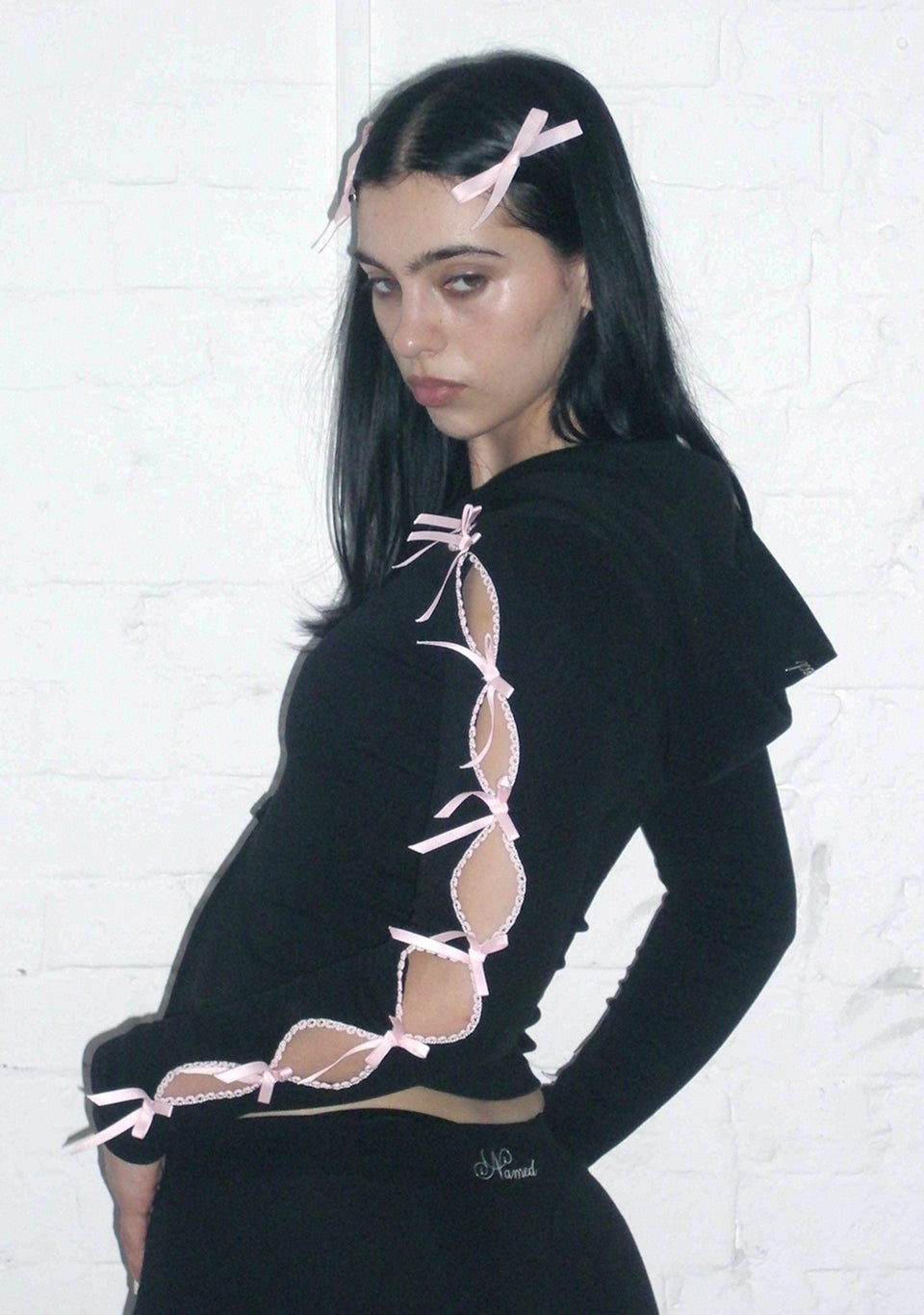 PRINC355 RIBBON SCULPT STRETCH ZIP HOODIE BLACK