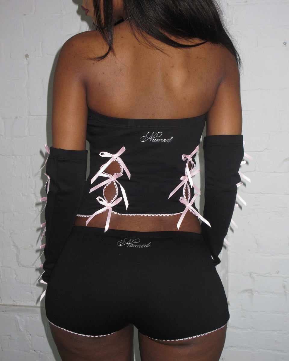 PRINC355 RIBBON TWO PIECE TUBE TOP SET BLACK