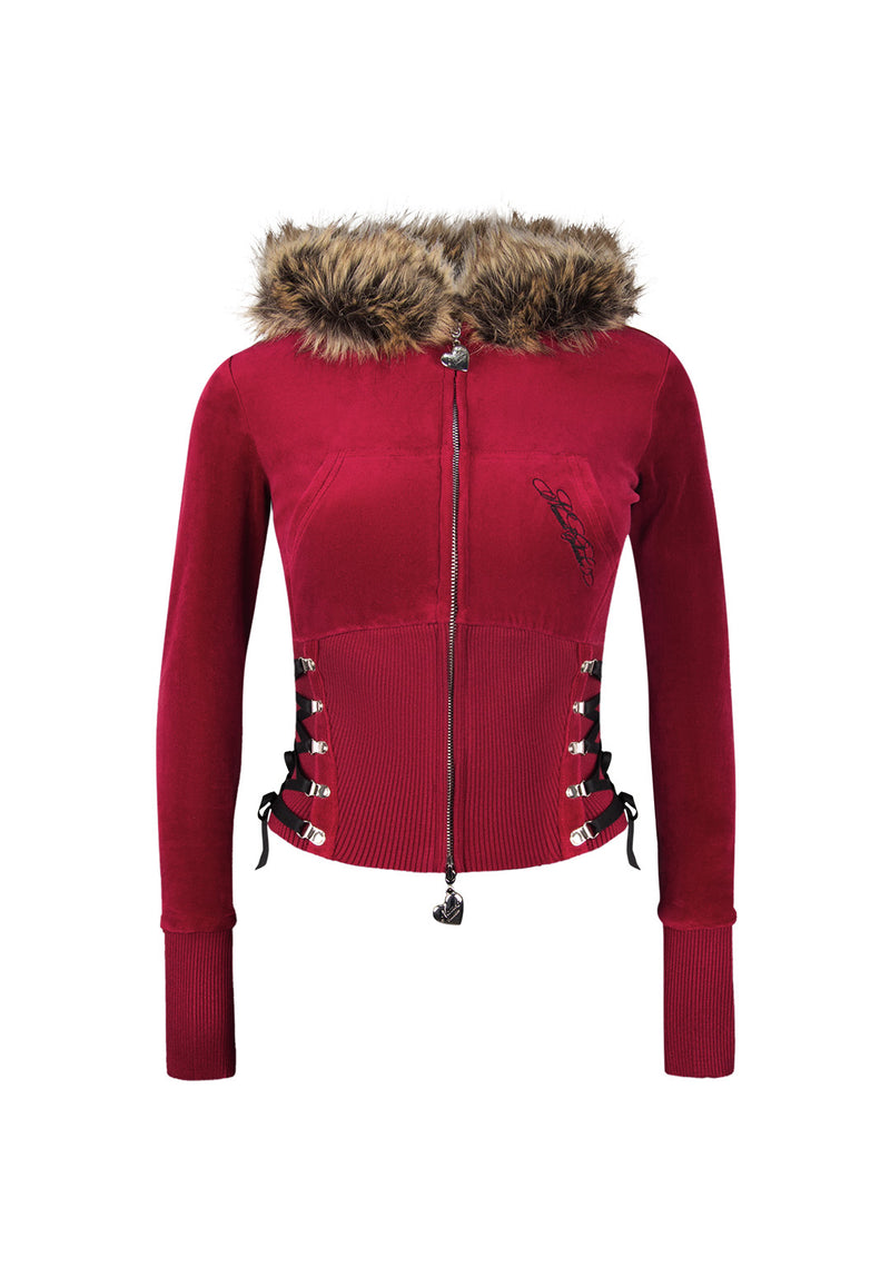 REBEL FAUX FUR VELOUR ZIP HOODIE DARK RED (DETACHABLE FUR)